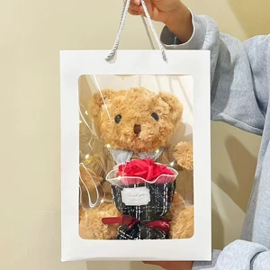 Brown teddy bear and red roses in a lit window gift bag for Valentine Day gift
