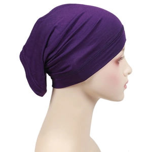 Detailed side view of deep purple Modal hijab cap showing knit texture and stitching