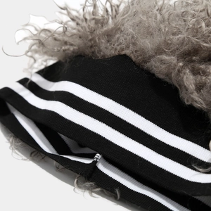 Striped knit beanie with grey afro wig hair detail for parties and winter warmth