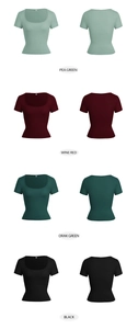 Flat lay detail showing ribbed cotton short sleeve T-shirts in four different colors