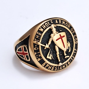 Vintage gold shield ring with red cross and biblical armor of God engraving for men