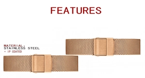 Detail of rose gold stainless steel Milanese mesh watch band with IP coating and buckle