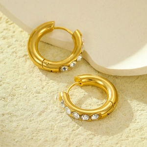 French vintage 18K gold plated stainless steel hoop earrings with cubic zirconia stones