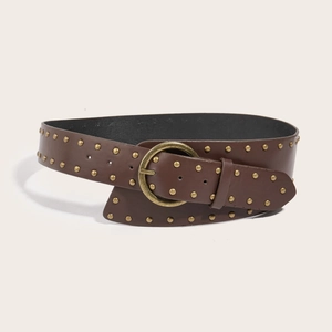 Punk style wide brown leather belt with vintage metal studs and a round pin buckle
