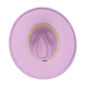 Detail view of wide brim lavender felt hat showing beige inner sweatband and texture