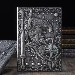 Vintage 3D embossed knight notebook with silver warrior relief and antique PU leather cover