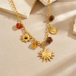 Retro gold-plated necklace set with sun heart pendants and tiger eye stone beads