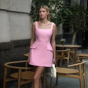 Abito Mini Bodycon Elegante Senza Maniche Con Scollo Quadrato In Misto Poliestere Spandex Con Dettagli Tasche A Patta