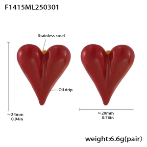 Detailed size chart of red enamel heart earrings with stainless steel specifications