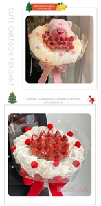 Close-up of cute cartoon pig plush doll with strawberries and LED lights gift wrapping