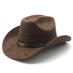 Brown faux suede western cowboy hat with ethnic leather band and metal accents