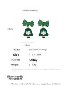 Detail showing dimensions of Christmas bell earrings with green bow and silver pin