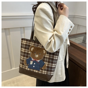 Women's plaid tote bag with cute bear embroidery and brown leather trim for autumn winter