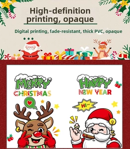 Detail of premium PVC Christmas stickers showing Santa, elk and festive holiday greetings