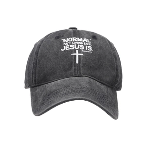 Vintage washed black baseball cap featuring white religious text and cross print