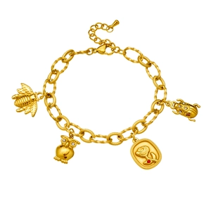 18K gold plated stainless steel charm bracelet with bee, owl and rose floral pendants
