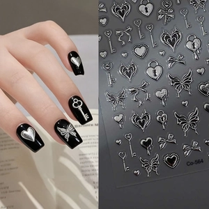 3D metallic silver heart and moon nail stickers with embossed celestial patterns