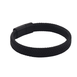 Men's braided black leather bracelet with matte black magnetic metal clasp on white background