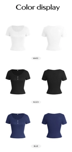 Detailed color display of ribbed knit t-shirts in white, black, and blue options