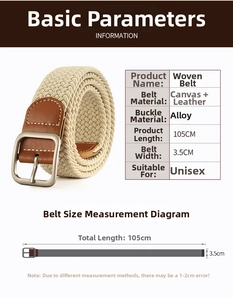 Detailed size chart showing beige canvas belt dimensions 105cm length and 3.5cm width