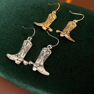 Cowboy Boot Drop Earrings Alloy Vintage Engraved Western Style With Silver Earring Post For Women Retro Jewelry