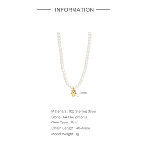 Detailed spec sheet showing S925 silver Hamsa pendant with zirconia and pearl chain