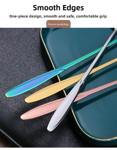 Macro detail of high-quality stainless steel spoon handles in four metallic finishes