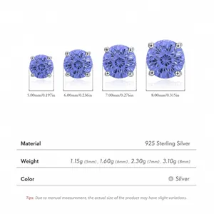 Size guide for S925 sterling silver tanzanite stud earrings in four different diameters