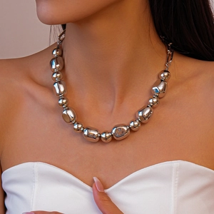 Irregular silver beaded choker necklace featuring high-polish metallic spheres for women