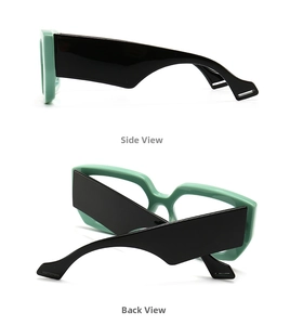 Detail view showing the side and back of mint green square sunglasses with wide black temples