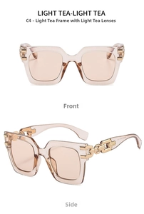 Detail of square oversized light tea sunglasses with golden chain metal temples