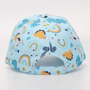 Back view of light blue kids dinosaur baseball cap featuring adjustable strap and cute prints