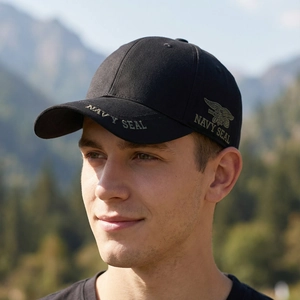 Outdoor camouflage baseball cap with Navy Seal embroidery in a black finish