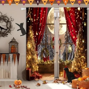 Christmas and Halloween themed polyester blackout curtains with festive snowy forest print