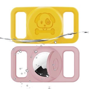 Waterproof silicone AirTag cases for pets in pink and yellow with cute dog bone patterns