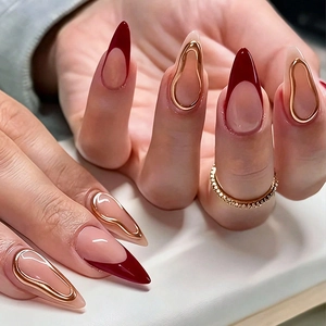 Luxury Long Almond Press On Nails French Deep Red Tips 3D Gold Wavy Lines Elegant False Nails For Women