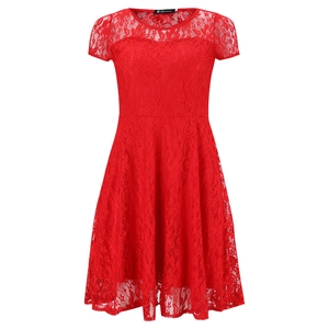 Close-up of red floral lace fabric detail on short sleeve A-line elegant dress
