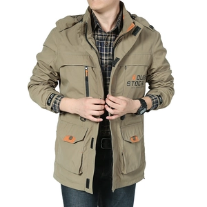 Men's khaki waterproof outdoor jacket with hood and multiple pockets, casual utility style