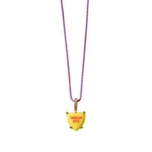 Minimalist heart pendant necklace with Dream Big engraving on purple box chain