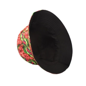 Detail view of colorful abstract floral print bucket hat with durable stitching