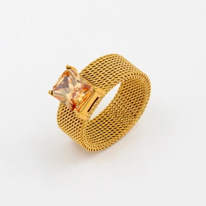 Mesh texture titanium steel ring with champagne square zirconia in a 45-degree angle view
