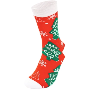 Detail of red and white Christmas socks featuring knitted green trees and white snowflakes
