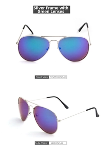Detailed front and side view of silver aviator sunglasses with purple green gradient lenses