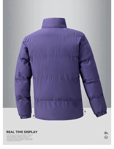 Rear view of purple quilted jacket showing water-resistant fabric and adjustable drawstrings