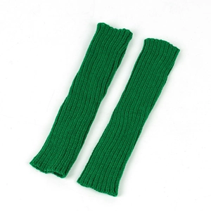 Detail view of emerald green ribbed knit long fingerless gloves with soft texture