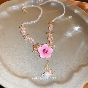 Pink Flower Pendant Necklace With Crystal Beads And Artificial Pearl Tassel Sweet Alloy Jewelry For Women