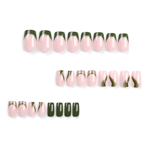 Set di unghie finte rosa con punte French verdi e motivi a onde glitterate