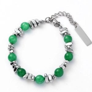 Minimalist cat eye stone bead bracelet with stainless steel accents and adjustable chain