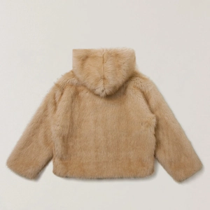 Detail shot of camel faux fur texture on a warm hooded jacket with dense soft fibers