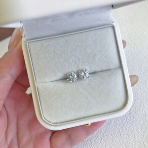 Close-up of S925 sterling silver stud earrings with 4-prong set zircon in a premium gift box